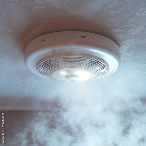 Smoke alarm attached to the ceiling, surrounded by a small amount of smoke, white metal shell, depth of field effect, soft lighting under natural light, cool colour tone