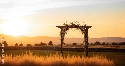 Outdoor sunset view of a Jewish traditions wedding ceremony. Wedding canopy chuppah or huppah