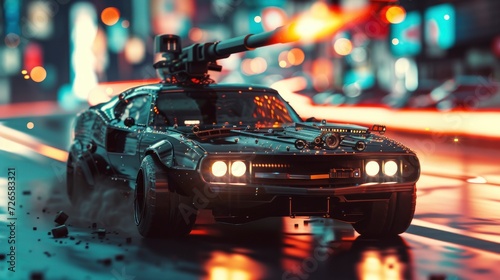 A Car of Tomorrow, Equipped with a Mounted Minigun on the Hood, Set Against a Blurred Battle Background, Portraying a Scene of High-Tech Conflict.