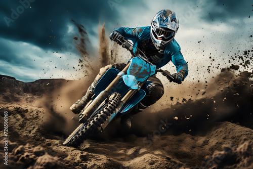 Desert Speed: Motocross Rider's Intense RideA motocross rider, clad in blue, takes on the desert, his bike kicking up a storm of sand as he leans into an exhilarating turn, embodying the thrill 