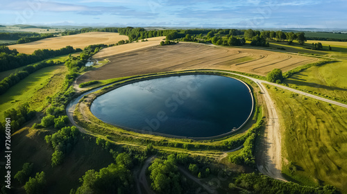 vue depuis un drone, une méga bassine remplie d'eau pour permettre d'arroser les champs