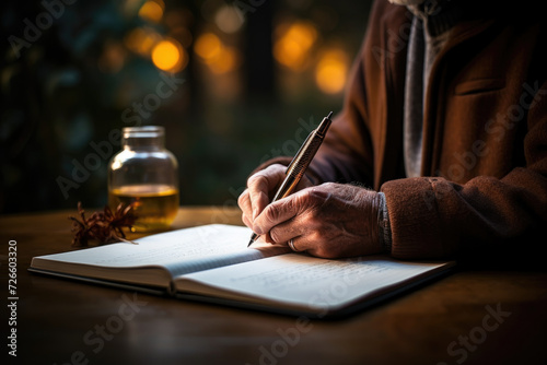 Senior man writing his memoirs, illustrating the process of reflecting on and sharing life experiences. Concept of storytelling and legacy in later life. Generative Ai.