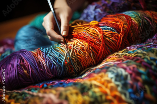 Knitting a colorful scarf, blending different yarns for a unique accessory. Concept of handmade fashion and skillful crafting. Generative Ai.