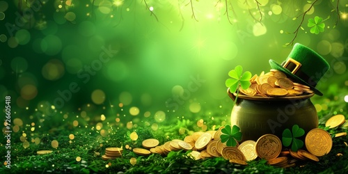 Banner st patricks day with treasure of leprechaun, pot full of golden coins and shamrocks on festive green background
