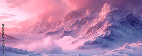 surreal psychedelic artwork of a mountain landscape with mountains, hills and a beauty sunset, hikers paradise in the alps