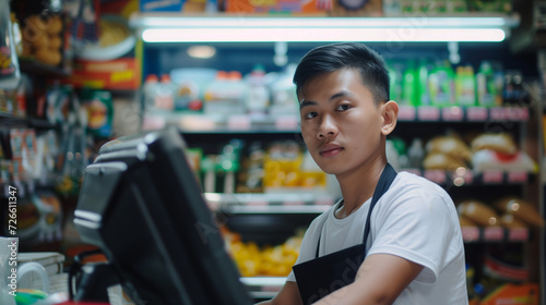 Young male cashier shop worker at small business store during cost of living financial crisis and inflation