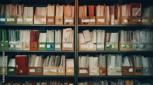 A book shelf filled with lots of folders. This image can be used to depict organization, paperwork, or office management
