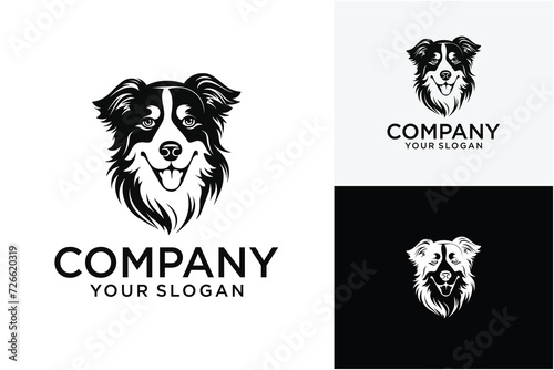 Vector isolated one black and white Australian Shepherd dog head with two color silhouette. black and white front view