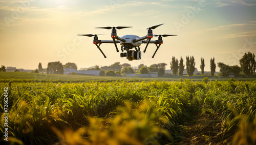drone flying over field of crops IOT Drone surveying crop 