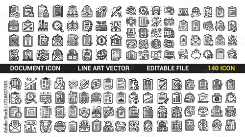 Document business icon set line art vector illustration. perfect Editable stroke. The set contains icons isolated on a white background.