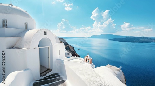 a white building with a white roof on a hill overlooking a blue ocean. 