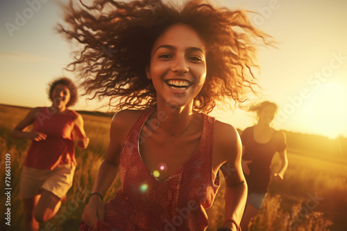 Feel the vibrant energy as friends run in a sunset field, blending Afro-Caribbean influence, lively expressions, drugstore vibes, body extensions, and captivating light leaks.
