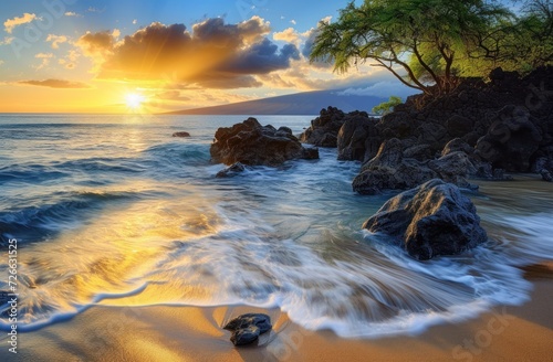Sunset at the Beach, Rocky Shoreline by Ocean, Golden Hour on the Sand, Serene Sunrise by the Sea.