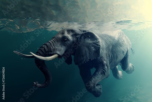 An Elephant Swimming Underwater, Mirrored and Creating Ripples on the Water's Surface