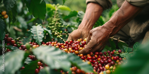 Hand picking coffee cherries