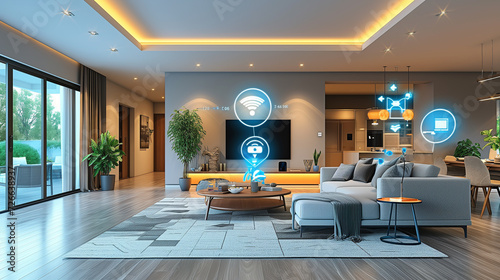 Living room with connected and internet of things devices throughout. Indicated by blue icons.