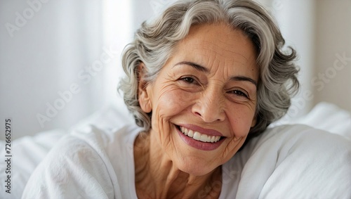 Happy elderly woman in white, her radiant smile and grey hair convey a sense of comfort and genuine joy while lying on a bed.