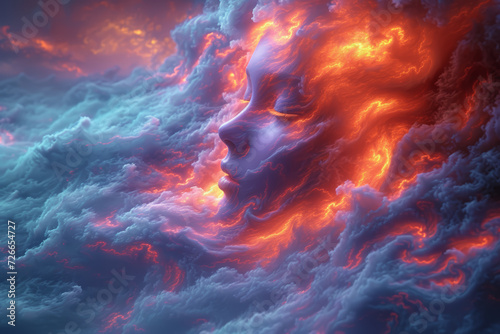 A surreal image depicting waves of vibrant colors emanating from a person's mind, symbolizing the flow of thoughts and ideas. Concept of mental energy and creativity. Generative Ai.