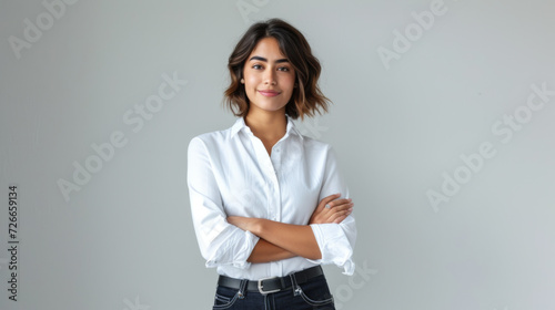 woman with short blonde hair and a confident smile is wearing a white shirt and stands with her arms crossed against a light grey background