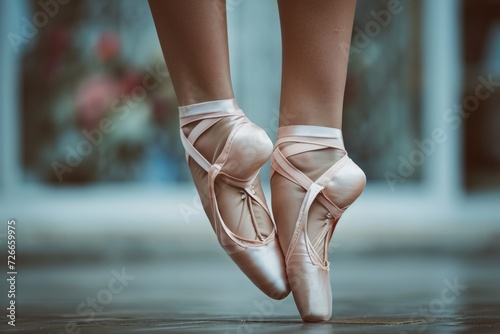 Feet on tiptoe, with pink ballet slippers