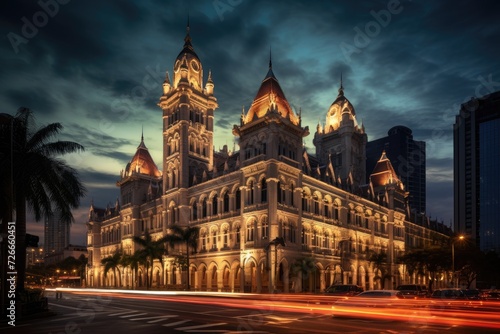 The Central Post Office building at night in Bangkok, Thailand, Sultan Abdul Samad Building in Kuala Lumpur, AI Generated