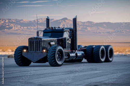 Black american semi truck on a highway, brutal design. Cargo transportation, automotive design
