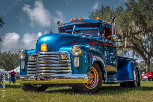 American semi truck, blue color, vintage design. Cargo transportation, automotive design
