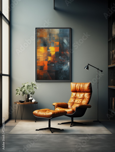 Orange leather armchair in a modern living room with daylight coming from the large window. Colorful abstract painting on a gray wall. Artistic home, stylish decor, interior design.