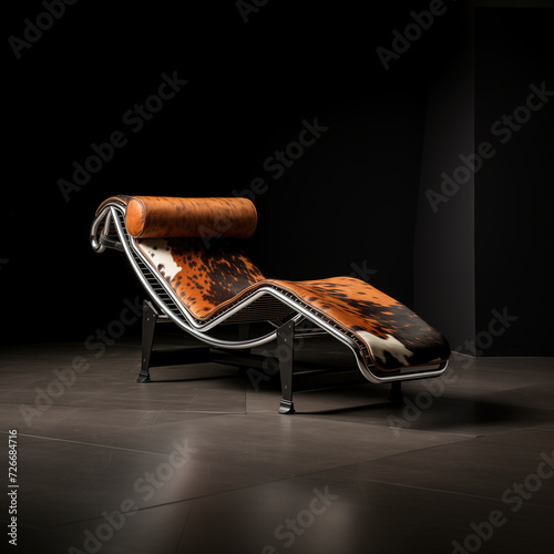 Classic chaise-longue chair with brown cowhide leather design. Stylish ergonomic furniture, comfortable recliner. Modern lounge chair in retro style, in a dark room.
