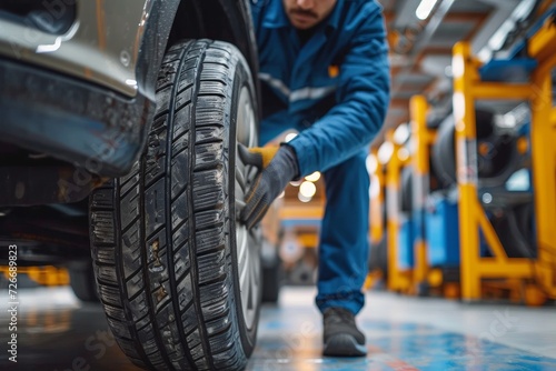 A blue-uniformed man stands indoors, changing a tire with precision and care, his clothing and footwear a stark contrast against the synthetic rubber and tread of the auto part, connecting him to the