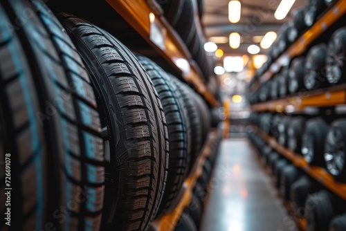 A display of tires, crafted from both synthetic and natural rubber, neatly lined on a shelf in an indoor setting, evoking a sense of parked automotive perfection