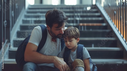 Father consoling his little son on his first day of school, sitting on stair and saying goodbye before school.