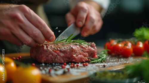 Juicy, bright beef steak cooked by professional chefs with a beautiful presentation