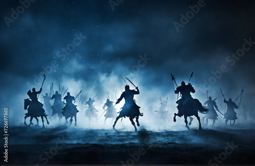 Medieval battle scene. Silhouettes of figures as separate objects, fighting between warriors on a dark, foggy background. Nocturne
