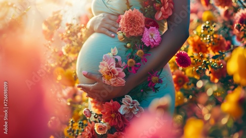 Whimsical blooms adorning a pregnant belly, playful and enchanting nature of pregnancy.