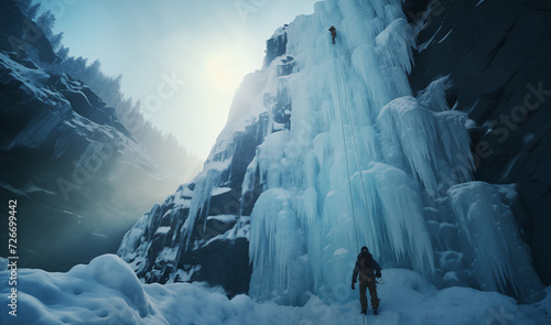 Ice climbers dressed in warm climbing clothes, safety harnesses and helmet climb frozen vertical waterfalls belaying each other using belay device. . Active people and sports activities concept image