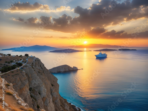 photo sunset on the aegean sea coast, ship and land in the distance 
