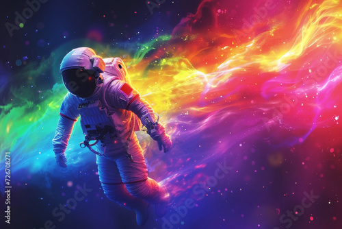 Astronaut Dancing in Cosmic Nebula. An astronaut caught in an elegant dance amidst the colors of a cosmic nebula.