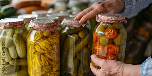 Assorted pickled vegetables in jars at a market. hand selecting a jar. homemade produce selection. vibrant colors, rustic feel. AI