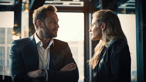 Man and woman engaging in a thoughtful dialogue in an office setting
