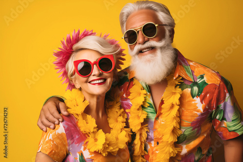 Joyful Elderly Couple Embracing in Tropical Style with Sunglasses on Yellow Background