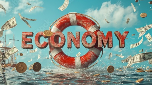 3d word economy with a lifebuoy above water 