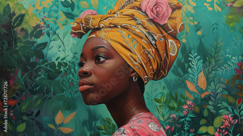 painted portrait of an african woman with a vibrant floral headwrap in a lush garden