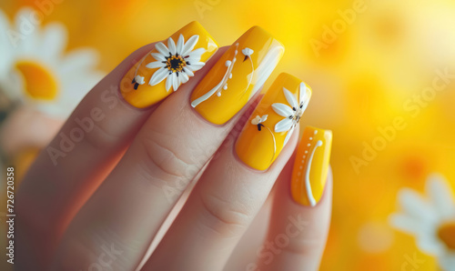 cheerful yellow nail polish with daisy flower patterns
