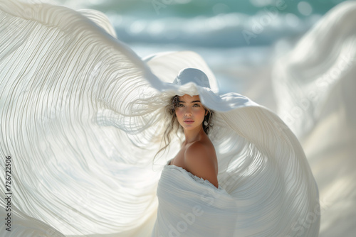 belle femme brune avec un voile en tissu blanc qui se gonfle avec le vent, arrière blanc mer, photo de mode, douceur et sensualité
