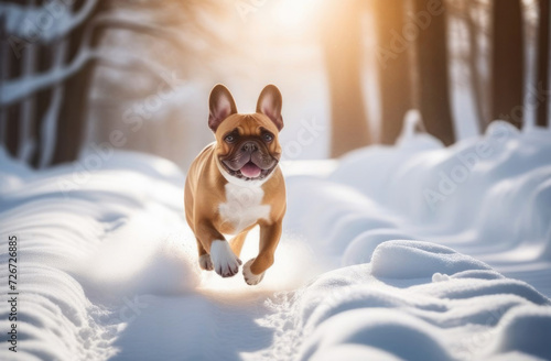 Portrait of dog French bulldog breed, brown color pet runs with his tongue hanging out along path in winter forest, isolated on blurred background , sunset light, space for text