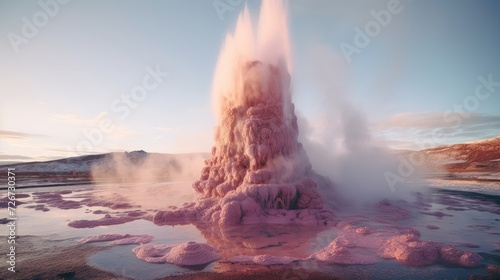 View of the natural landscape with a pink geyser