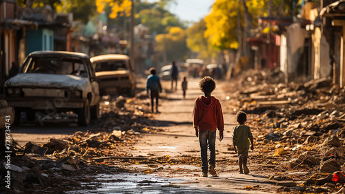 African children walk down street destroyed by war and poverty. Concept of abandonment, destruction, apathy, hunger, orphanhood, underdeveloped. malnutrition.