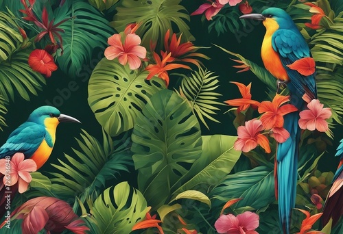 Seamless pattern background influenced by the organic forms and vibrant colors of tropical rainfores