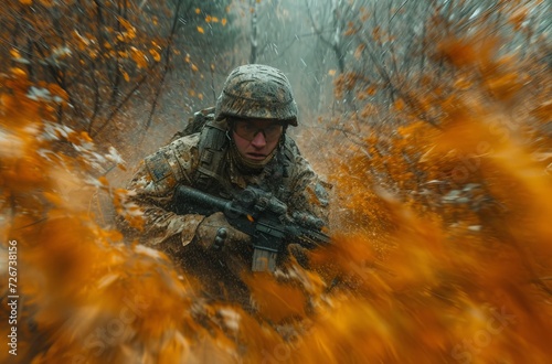 A brave soldier stands among the vibrant orange leaves of the forest, camouflaged and armed with a rifle, representing the strength and dedication of the military